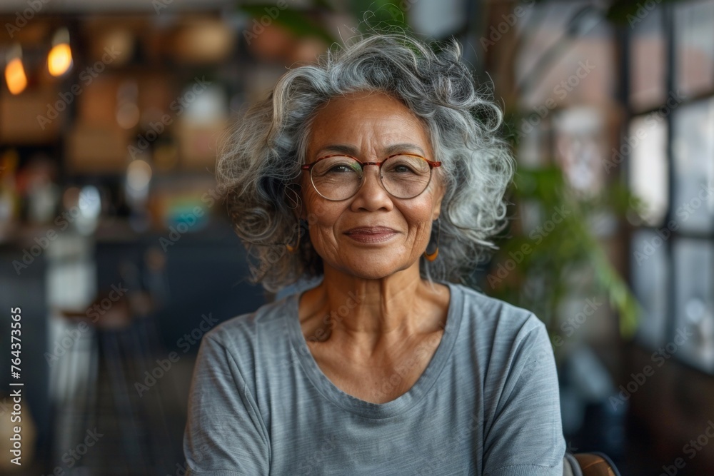 A woman with glasses and gray hair is smiling A woman with glasses and gray hair is smiling