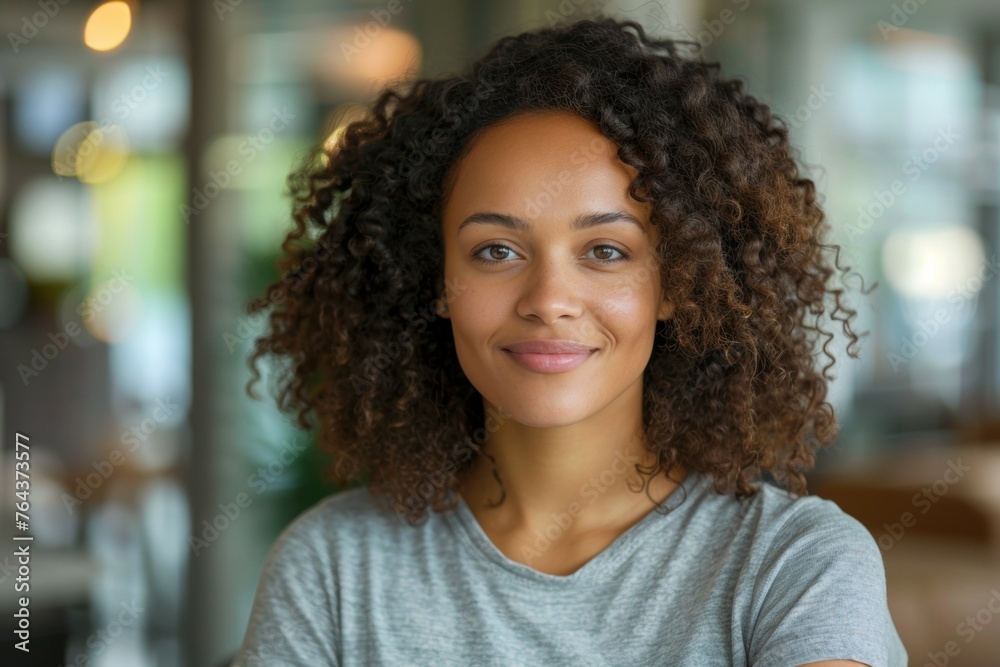 A woman with curly hair is smiling at the camera