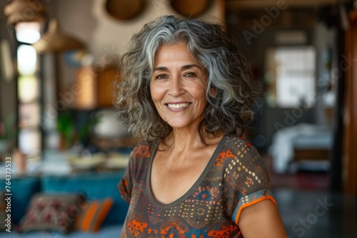 A woman with gray hair is smiling and wearing a colorful shirt