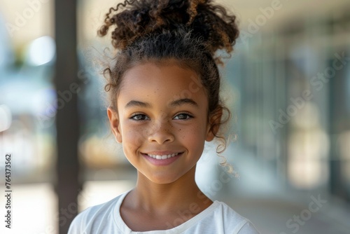A young girl with curly hair is smiling and looking at the camera