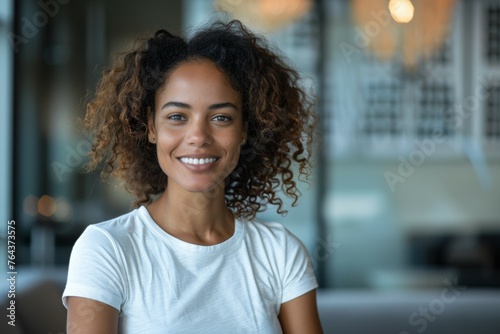A woman with curly hair is smiling and wearing a white shirt