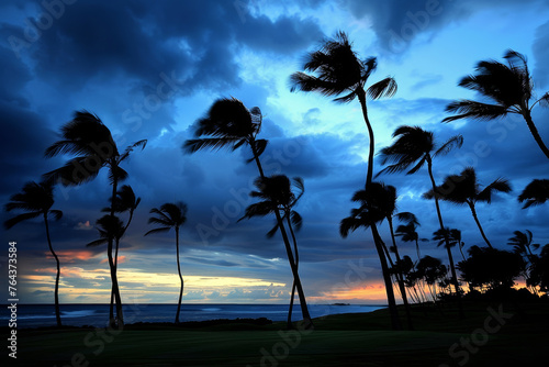 Tropical Sunset with Wind-Swept Palms. Golf Course-Like Setting on the Water, Generative AI. 