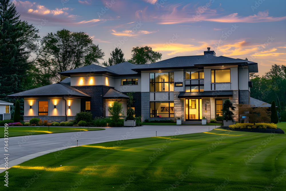 Elegant and Luxurious Upscale Home with Manicured Lawn and Modern Architectural Design