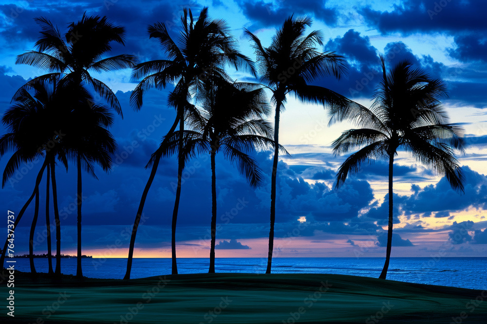 Tropical Sunset with Wind-Swept Palms. Golf Course-Like Setting on the Water, Generative AI.
Tropical Sunset with Wind-Swept Palms. Golf Course-Like Setting on the Water, Generative AI.
