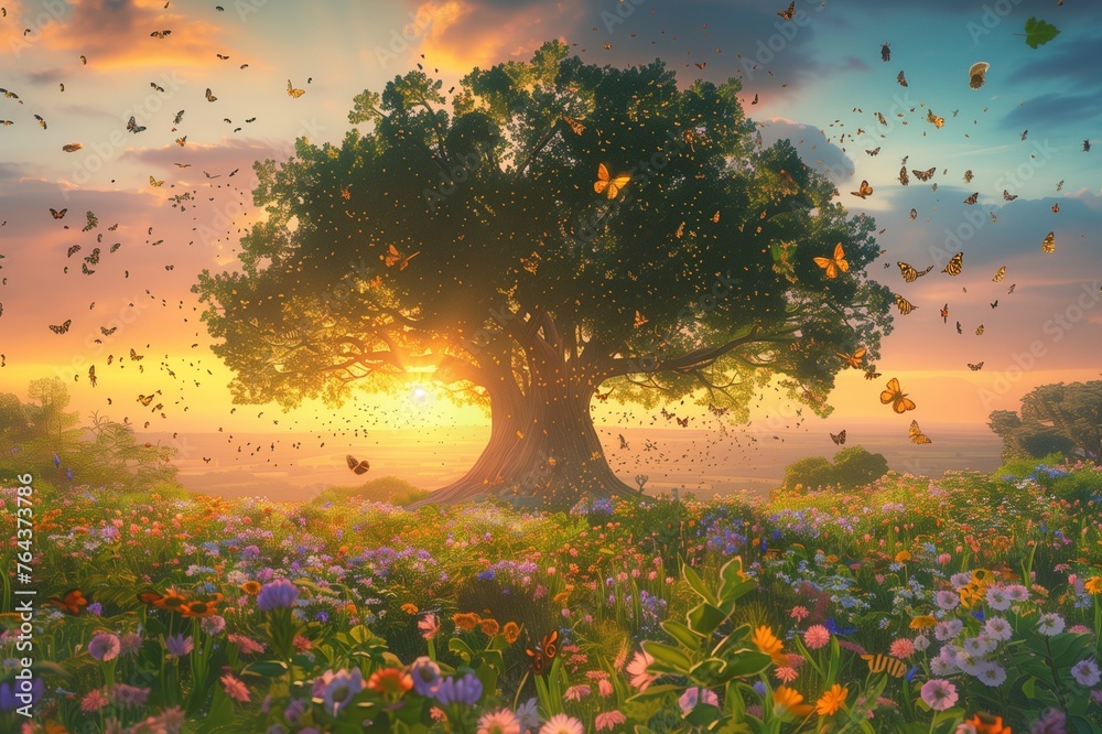 Φωτογραφία Lush Biodiversity Tree with a Symphony of Insect Pollinators in a Wildflower Meadow stands in a sea of wildflowers, its branches buzzing with the activity of bees, butterflies, and other pollinators