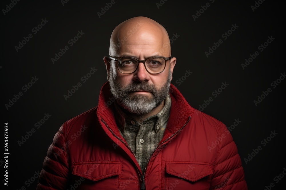 Portrait of a bald man with a red jacket and glasses on a dark background.