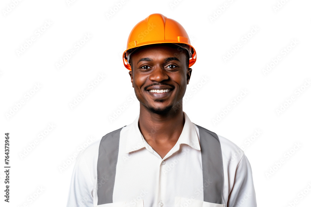 Portrait of a smiling African male engineer worker with helmet, isolated on a transparent background Portrait of a smiling African male engineer worker with helmet, isolated on a transparent background