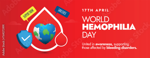 World Haemophilia day.17th April World Haemophilia day celebration cover banner in bright red background with a drop of blood and an earth globe icon in it. Recognising all bleeding disorders cover.