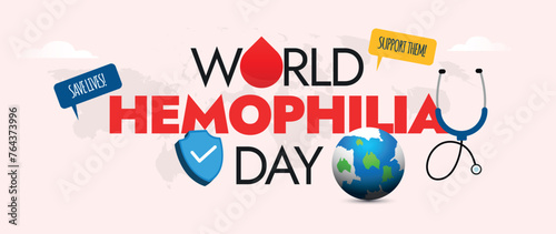 World Haemophilia day.17th April world Hemophilia day celebration cover banner with icons of blood drop, stethoscope, earth globe, protection shield. Awareness cover banner to donate blood for patient
