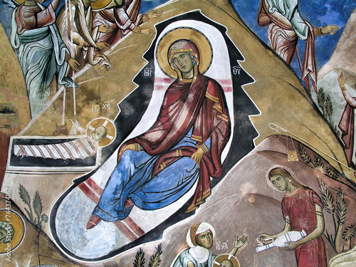 The frescoes of the Orthodox - Byzantine - La Panagia tou Araka, or Arakos (Cyprus) Nativity with Jesus' first bath