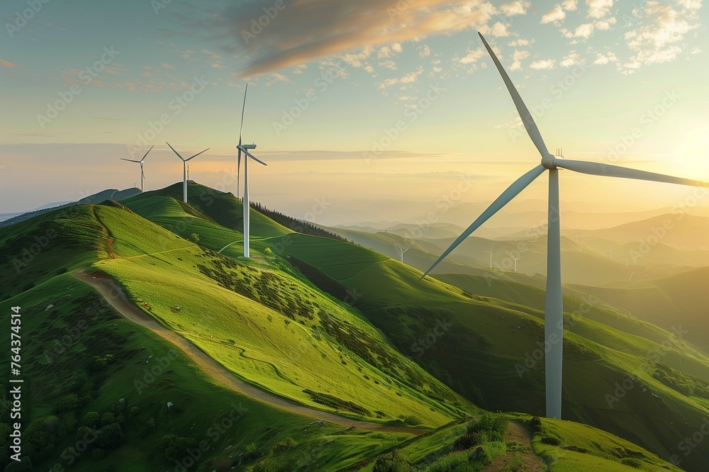 Renewable Energy Wind Turbines at Sunrise on a Lush Green Hill beauty of renewable energy in action with wind turbines standing tall, with copy space for text