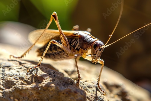 Shot of closeup of a cricket chirping on a warm rock. Insects. Gryllus assimilis © Bettina