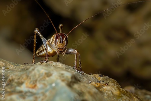  Shot of closeup of a cricket chirping on a warm rock. Insects. Gryllus assimilis © Bettina