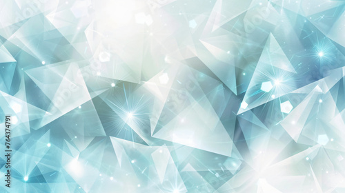 Abstract background with light blue and white polygonal shapes, triangles of different sizes and shades of cyan and aquamarine, a shiny and sparkling effect