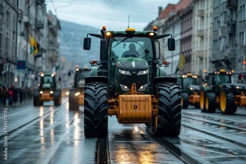 Farmers' tractors at the protest. Backdrop with selective focus and copy space