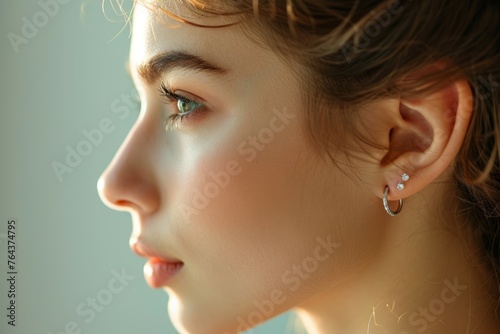 A woman in a beauty salon undergoing a piercing procedure. Backdrop with selective focus and copy space