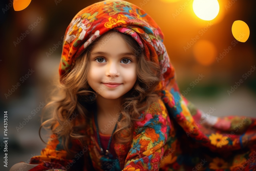 Portrait of a cute little girl in a colorful shawl. Portrait of a cute little girl in a colorful shawl.