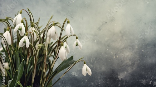 Cluster of snowdrop flowers amidst green leaves on a gray background