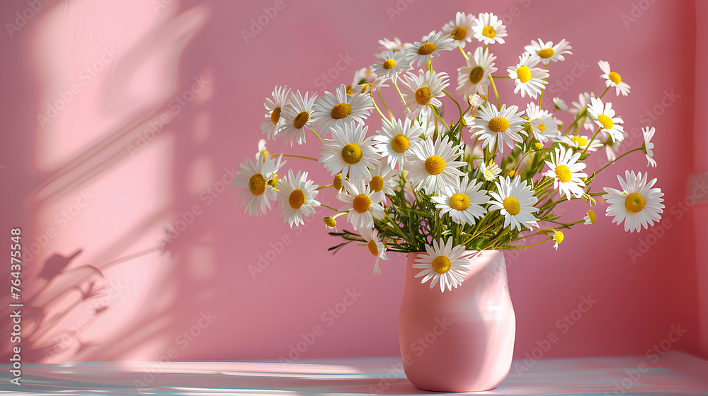 Bright daisies flowers bouquet in pink vase on table, shadows on pink wall Bright daisies flowers bouquet in pink vase on table, shadows on pink wall