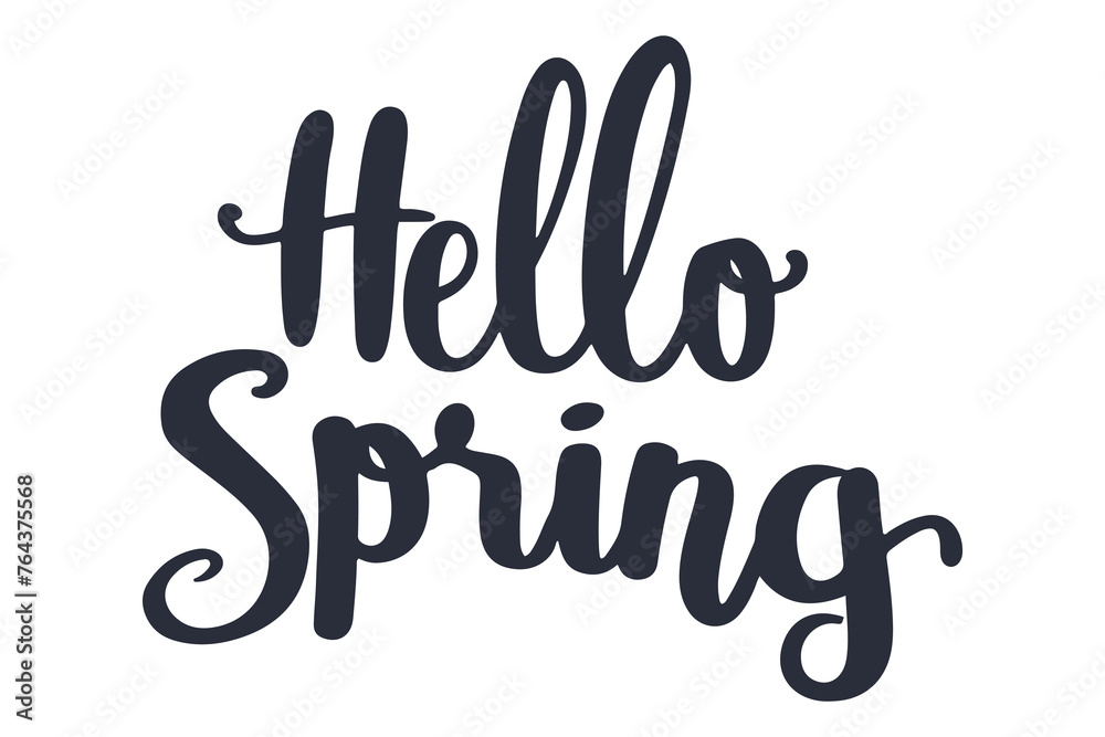 Hello Spring. Handwritten letters, calligraphy. Design for holiday greeting card, invitation creating t-shirts prints, posters, banners. Brush pen Lettering Isolated over White Background.