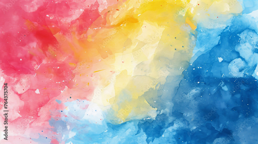 Abstract colorful watercolor background with soft blurred brushstrokes and splashes of vibrant red, yellow, blue colors. Watercolor illustration in the style of soft pastel color. 