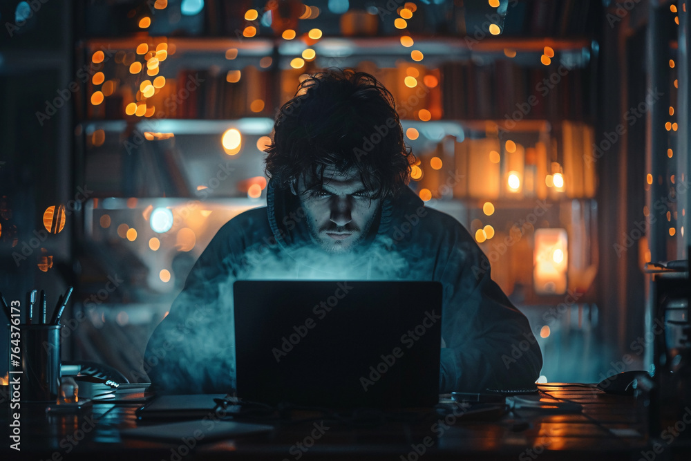 computer hacker sits at a desk with a laptop open computer hacker sits at a desk with a laptop open