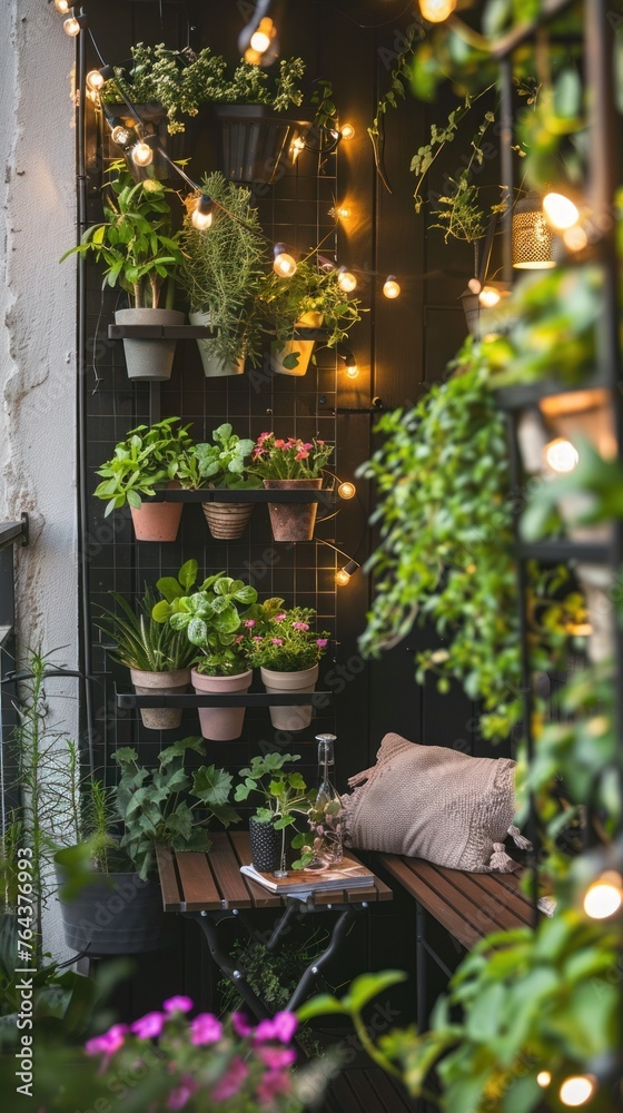 A small space-efficient urban balcony garden featuring a vertical planting system