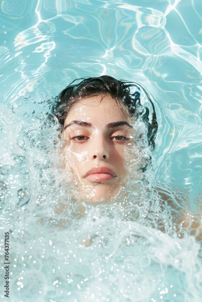 A beautiful Caucasian woman sticking her face above the water with her black hair submerged in a swimming pool