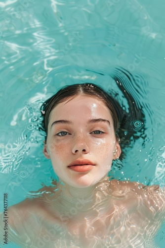 A beautiful woman sticking her face above the water with her hair submerged in a swimming pool