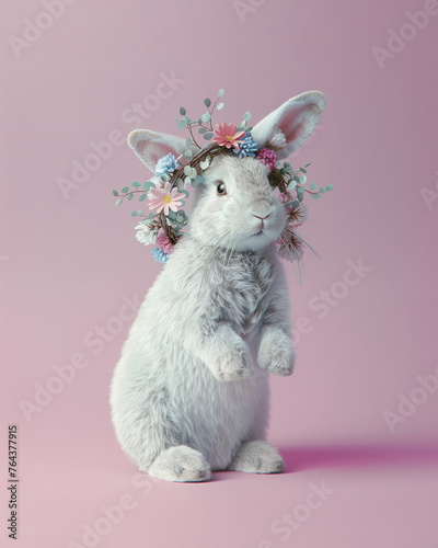 Cute little bunny with flower wreath on the head on pastel pink background. Abstract minimal Easter concept.	