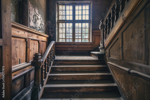 A staircase with a window seat halfway up