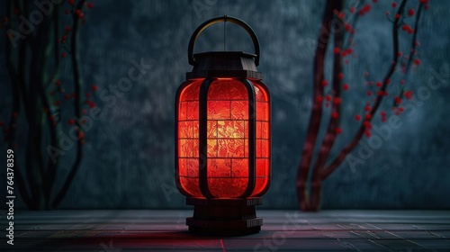 A red lantern is illuminated against a dark backdrop.