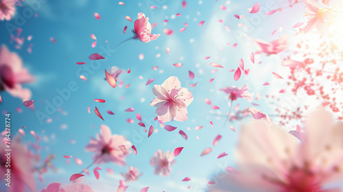 cherry blossom petals flying in the sky, spring background, pink and blue colors, detailed, realistic, high resolution 