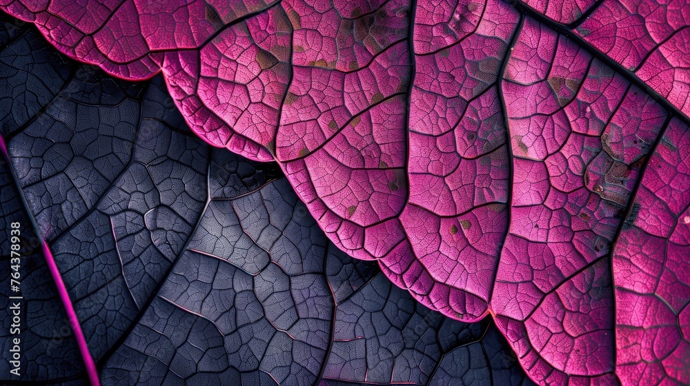 Obraz premium Close-up of an autumn leaf's intricate texture, showcasing vibrant hues. Ai Generated