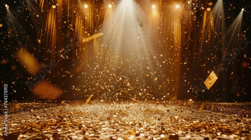 Festive stage illuminated by a central light beam, adorned with golden confetti rain. Ai Generated
