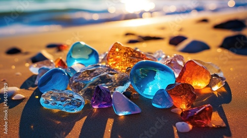 vibrant gemstones scattered on golden beach sand. Ai Generated