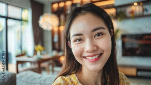Woman is taking a selfie in her apartment photo