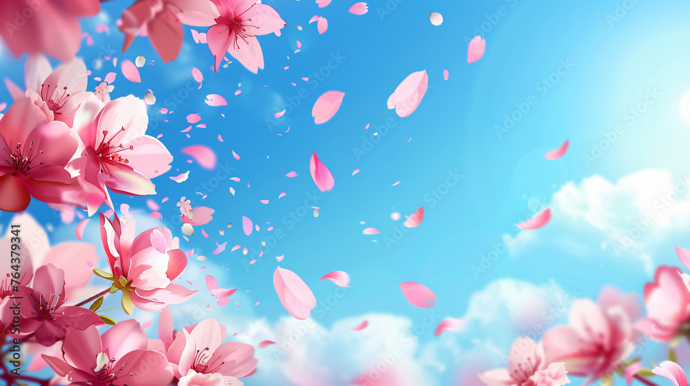 Pink cherry blossom petals flying in the sky, background with copy space for text. Spring floral wallpaper, blooming sakura flowers, nature landscape banner. Pink cherry blossom petals flying in the sky, background with copy space for text. Spring floral wallpaper, blooming sakura flowers, nature landscape banner.