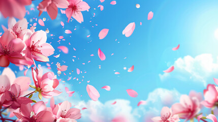 Pink cherry blossom petals flying in the sky, background with copy space for text. Spring floral wallpaper, blooming sakura flowers, nature landscape banner. 