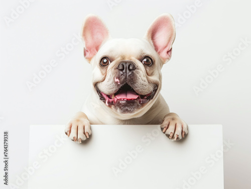 Happy white french bulldog peeking out and hanging its paw on blank poster board against white background. Blank copyspace for text.