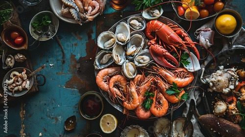 An opulent seafood platter overflowing with fresh crustaceans and shellfish, embodying the essence of a coastal feast, perfect for seafood markets, culinary arts, and gastronomy-focused content. photo