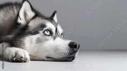 A Siberian Husky lies down  gazing into the distance with striking blue eyes  ideal for pet-themed content and animal welfare campaigns   banner with a copy space.