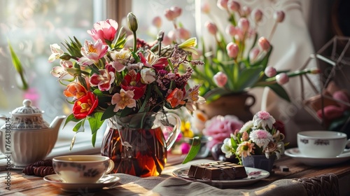 There is a table with a bouquet of flowers, tea, and chocolate on it.