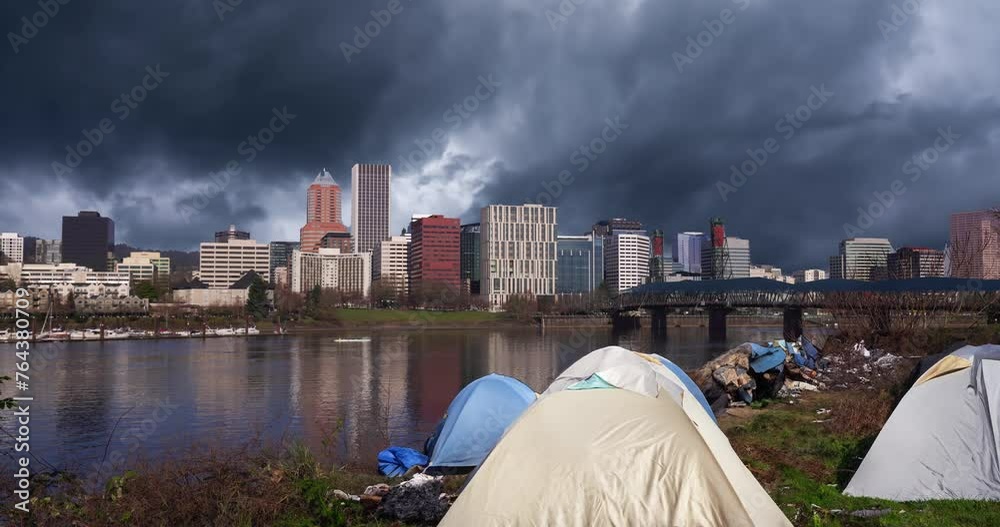 Portland Oregon City Scape with Homeless Tents