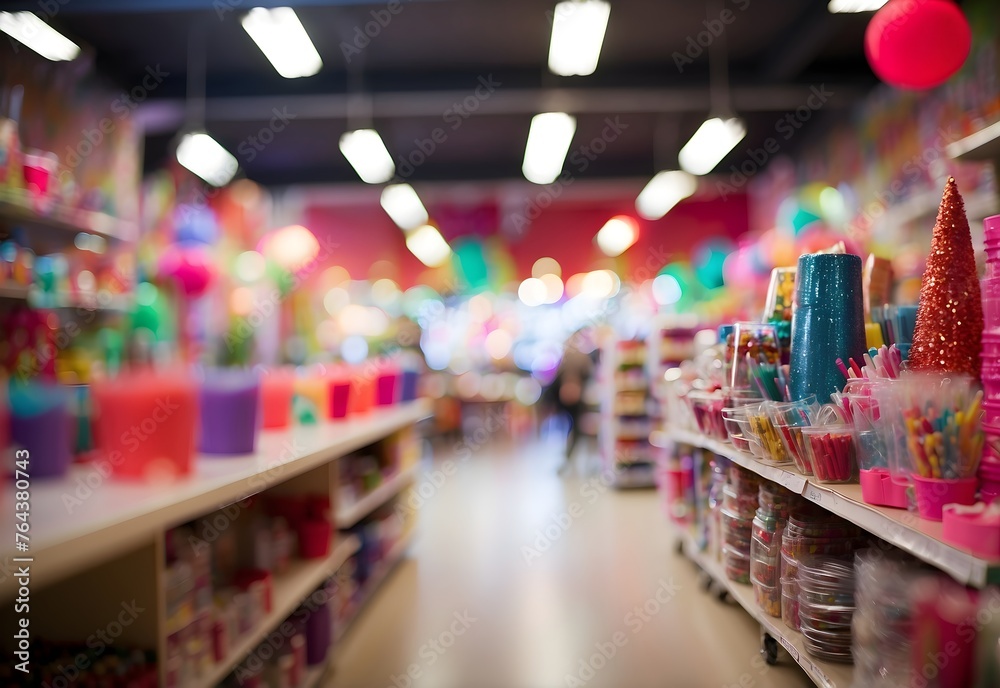 Blurred image of a festive party supply store, generative AI