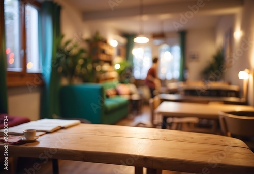 Blurred image of a cozy hostel common room, generative AI photo
