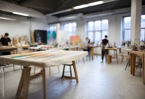 Blurred image of a modern art workshop, generative AI