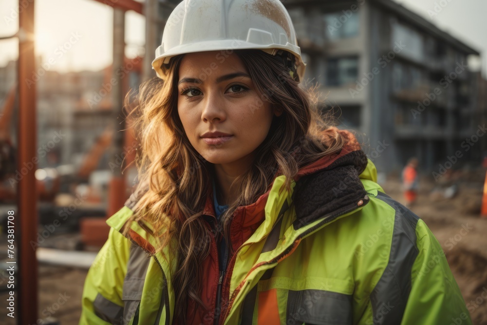 woman working on construction site wearing a safety helmet and work vest woman working on construction site wearing a safety helmet and work vest