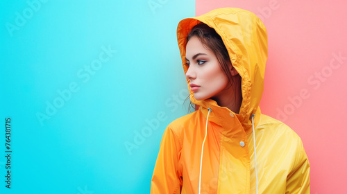 Young woman in a yellow raincoat on a pastel pink and blue background with copy space for text.