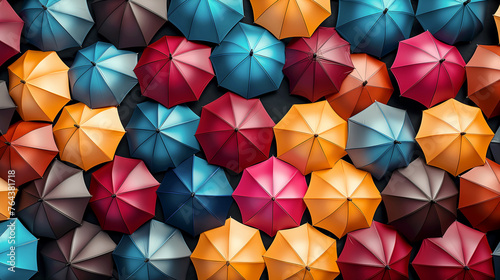 A background of open wet colorful umbrellas in the rain.